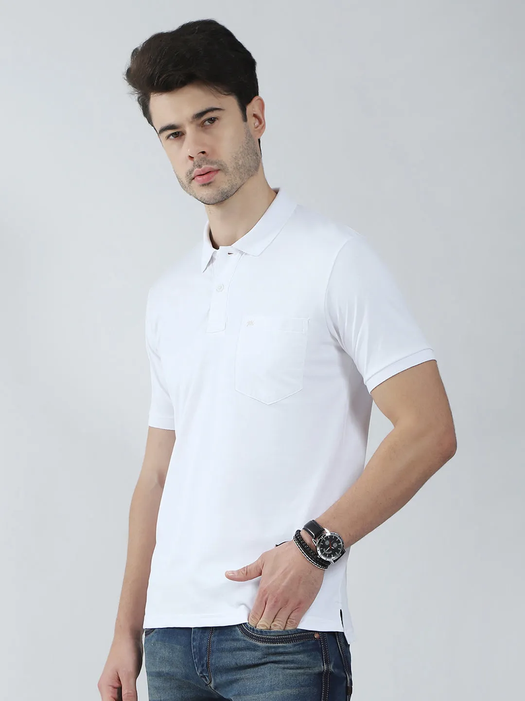 Men White Solid Collar Half Sleeve T-Shirt sold by Monte Carlo product image thumbnail 3