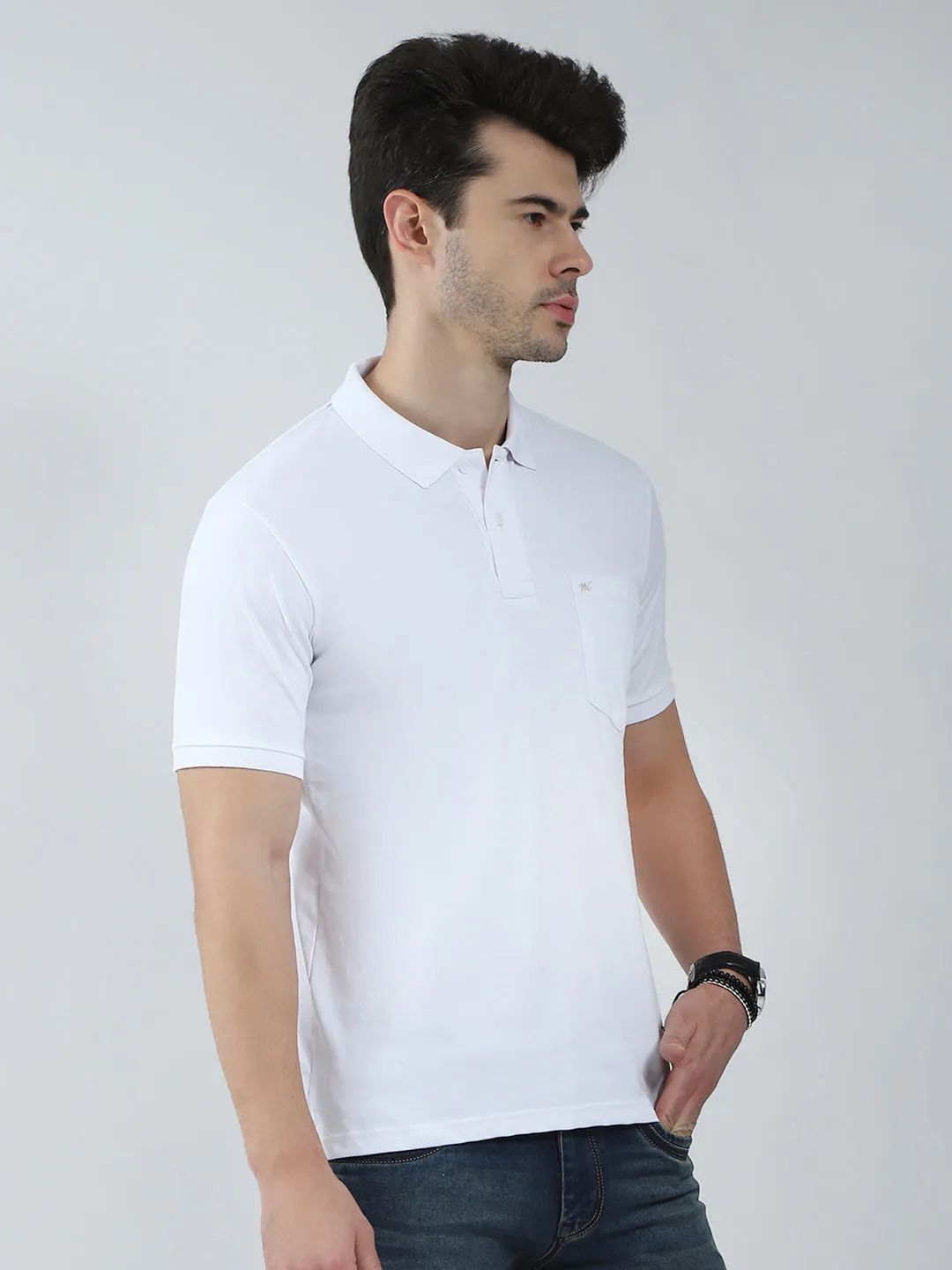 Men White Solid Collar Half Sleeve T-Shirt sold by Monte Carlo product image thumbnail 4