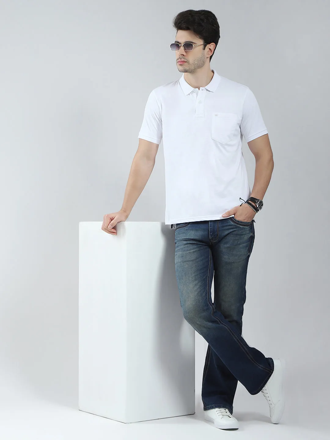 Men White Solid Collar Half Sleeve T-Shirt sold by Monte Carlo product image thumbnail 2