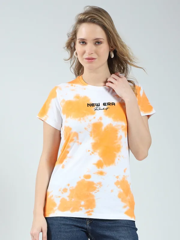 Rock.it Women Orange Printed Round Neck Half Sleeve Top sold by Monte Carlo