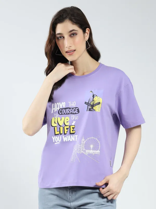 Rock.it Women Purple Printed Round Neck Half Sleeve Top sold by Monte Carlo