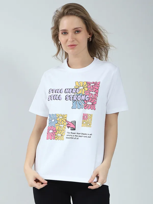 Rock.it Women White Printed Round Neck Half Sleeve Top sold by Monte Carlo