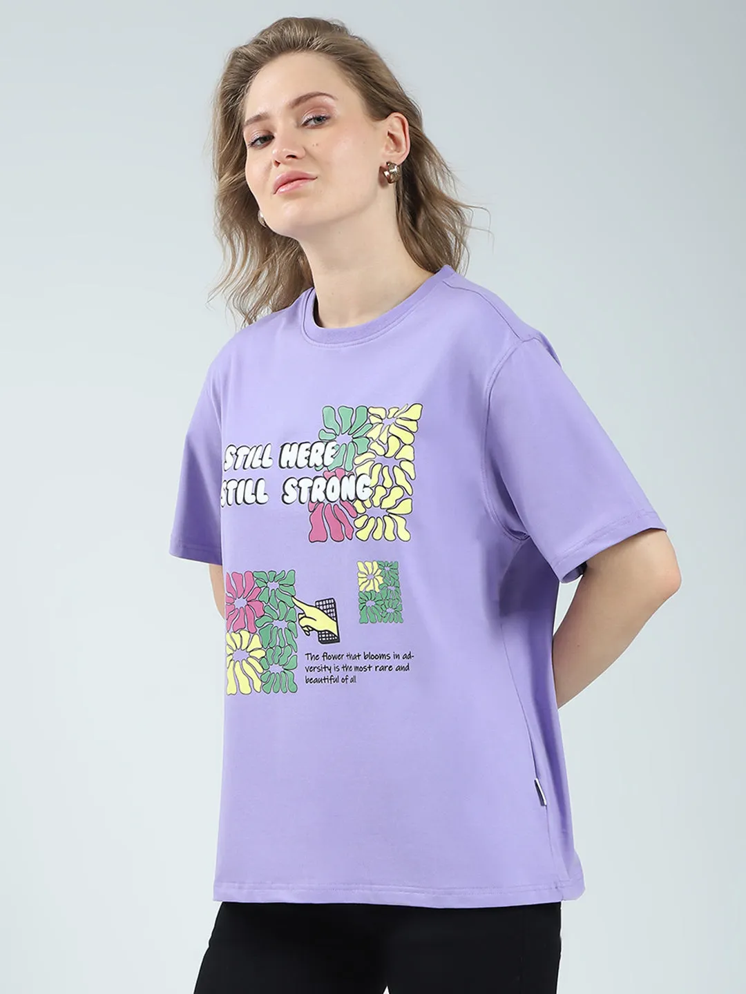 Rock.it Women Purple Printed Round Neck Half Sleeve Top sold by Monte Carlo product image thumbnail 3