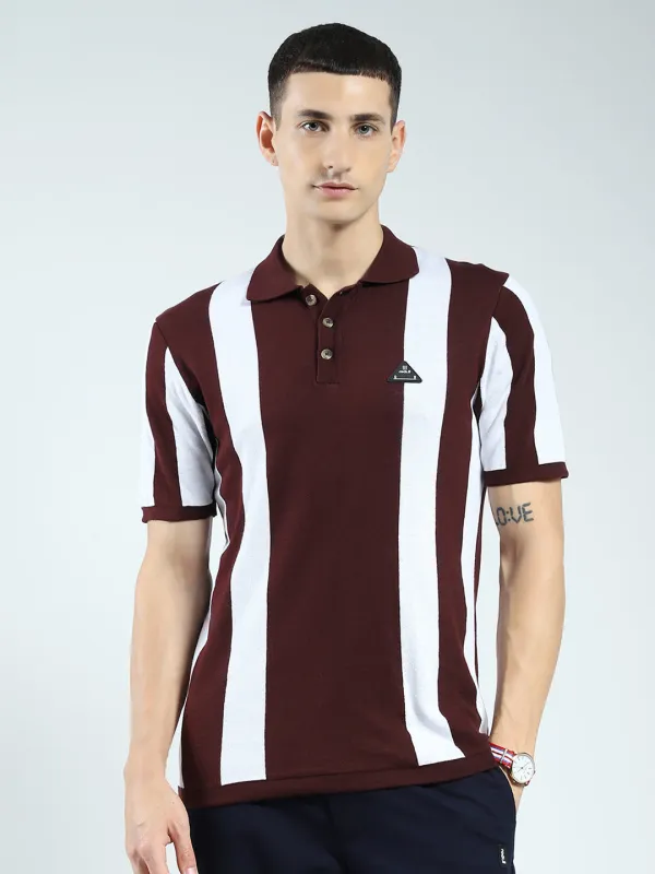 Rock.it Men Maroon Stripe Collar Half Sleeve T-Shirt sold by Monte Carlo