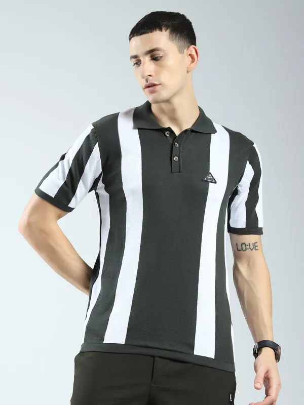 Rock.it Men Olive Stripe Collar Half Sleeve T-Shirt made by Monte Carlo