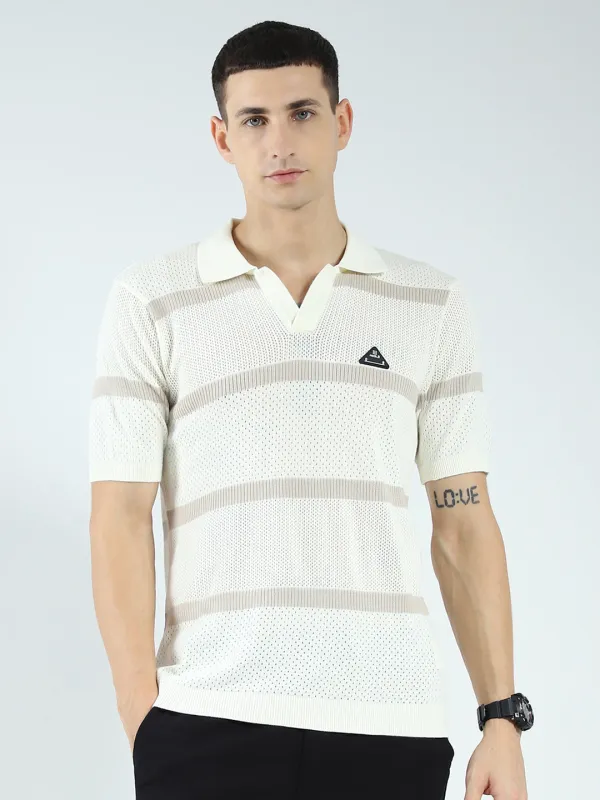 Rock.it Men Off White Stripe Collar Half Sleeve T-Shirt sold by Monte Carlo