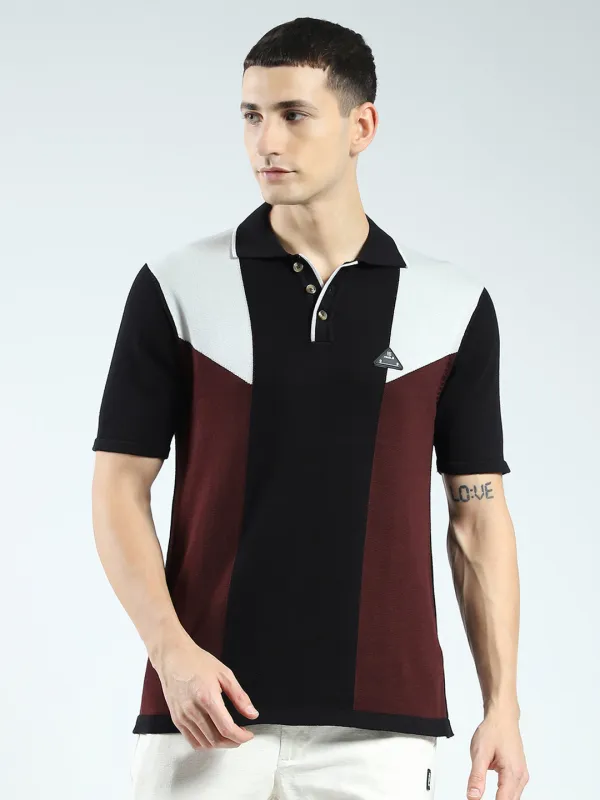 Rock.it Men Black Self Design Collar Half Sleeve T-Shirt sold by Monte Carlo