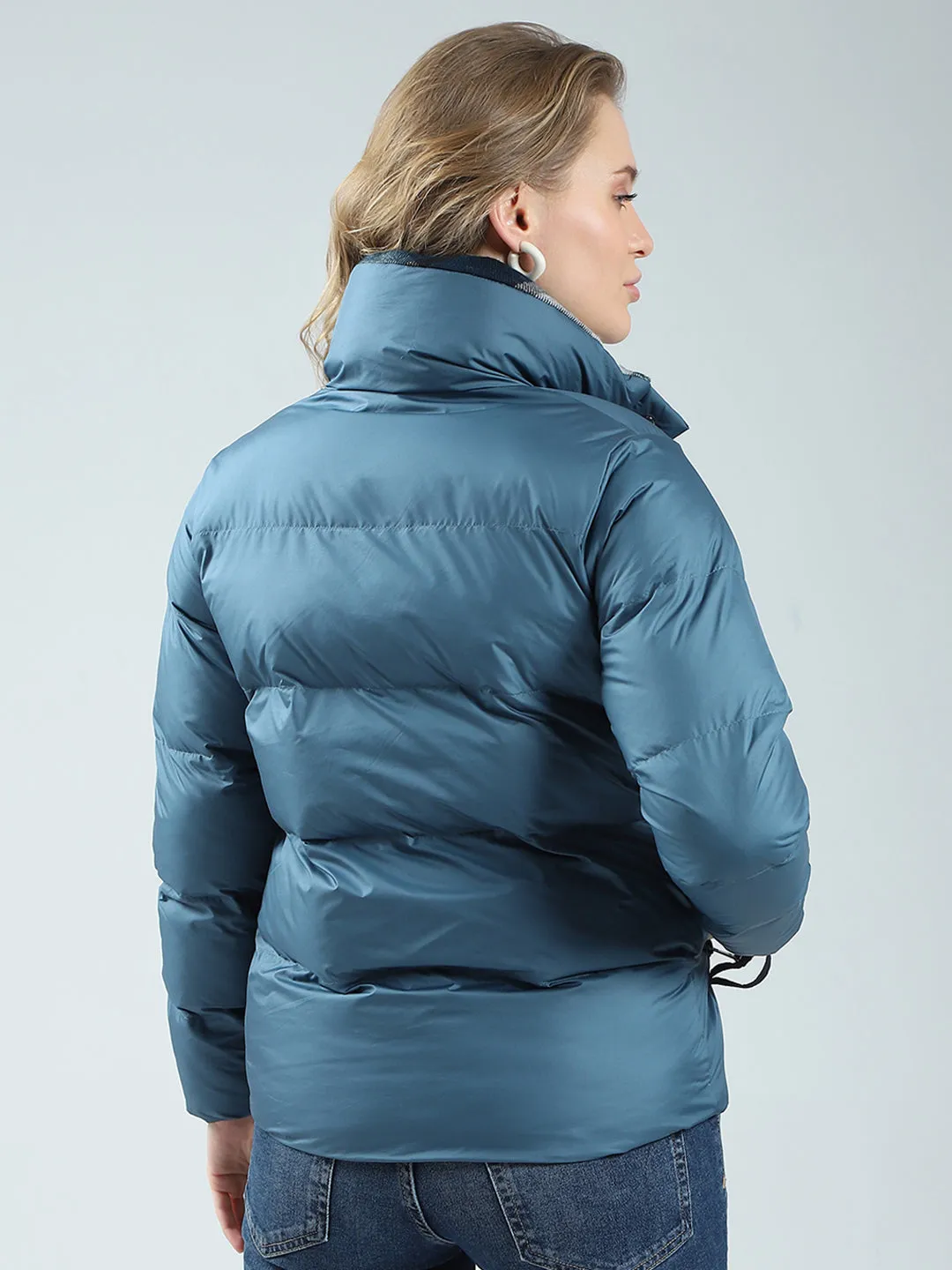 Women Teal Blue Solid Mock Neck Full Sleeve Jacket sold by Monte Carlo product image thumbnail 5