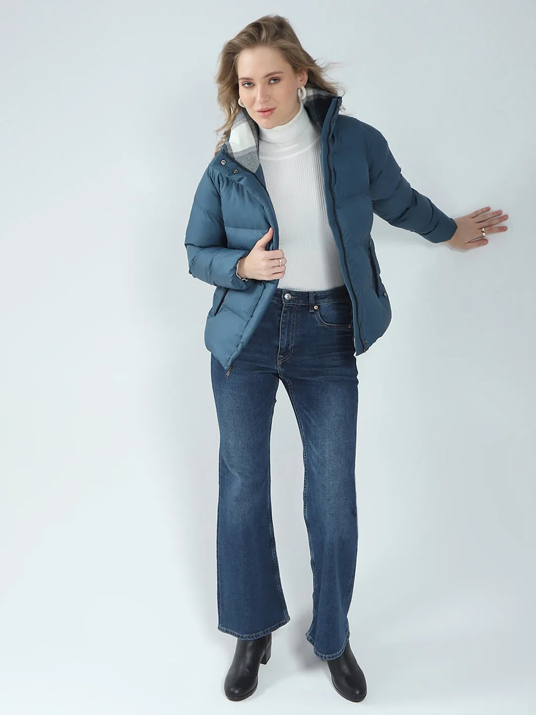 Women Teal Blue Solid Mock Neck Full Sleeve Jacket sold by Monte Carlo product image thumbnail 2