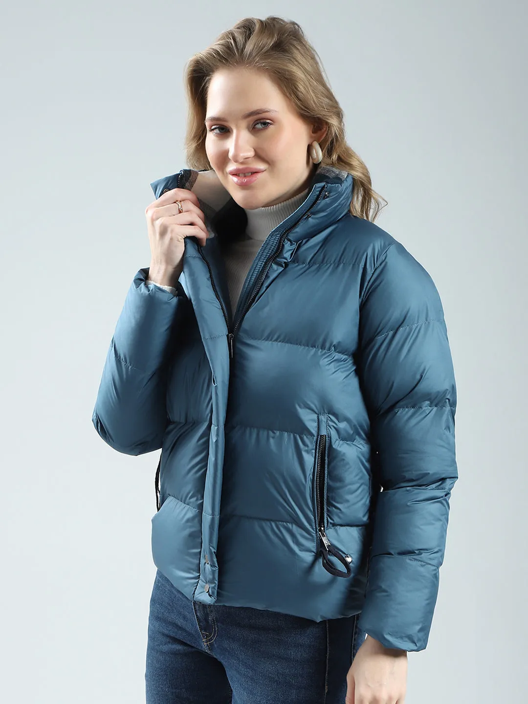 Women Teal Blue Solid Mock Neck Full Sleeve Jacket sold by Monte Carlo product image thumbnail 3