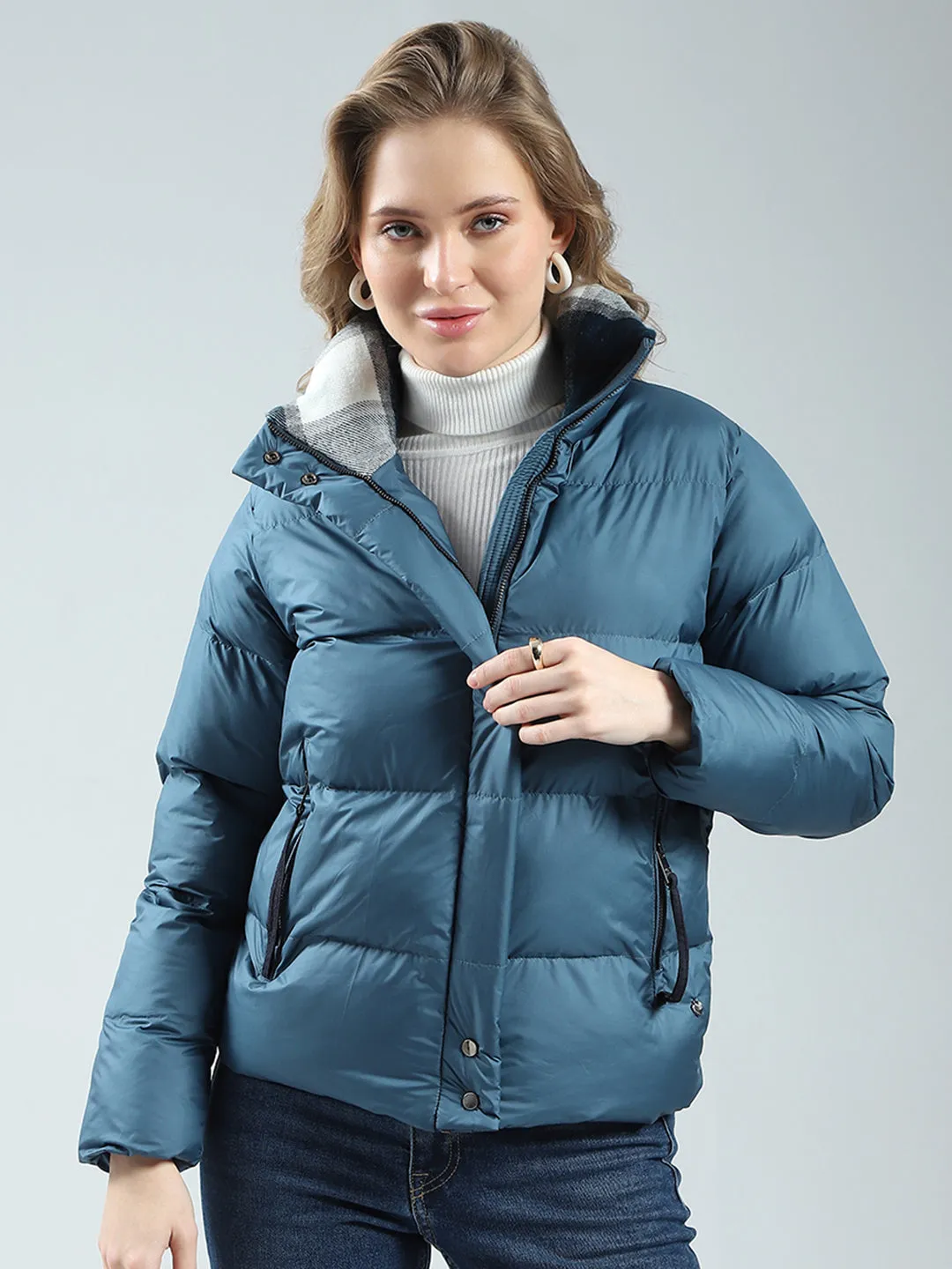 Women Teal Blue Solid Mock Neck Full Sleeve Jacket sold by Monte Carlo