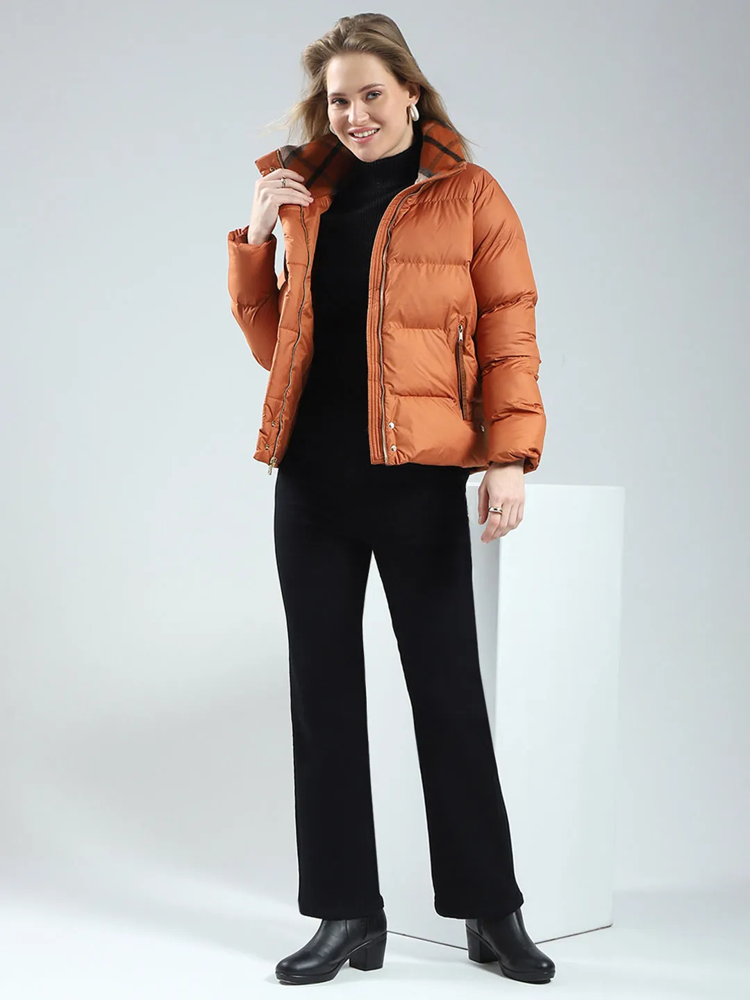Women Rust Solid Mock Neck Full Sleeve Jacket sold by Monte Carlo product image thumbnail 2