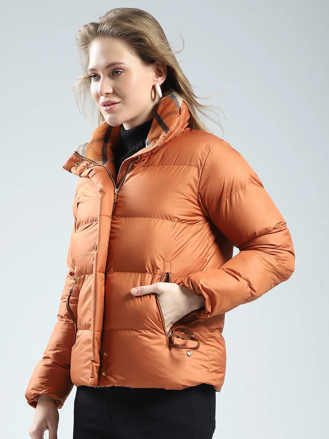 Women Rust Solid Mock Neck Full Sleeve Jacket sold by Monte Carlo product image thumbnail 3