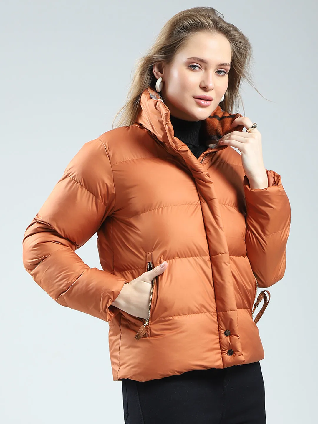 Women Rust Solid Mock Neck Full Sleeve Jacket sold by Monte Carlo product image thumbnail 4
