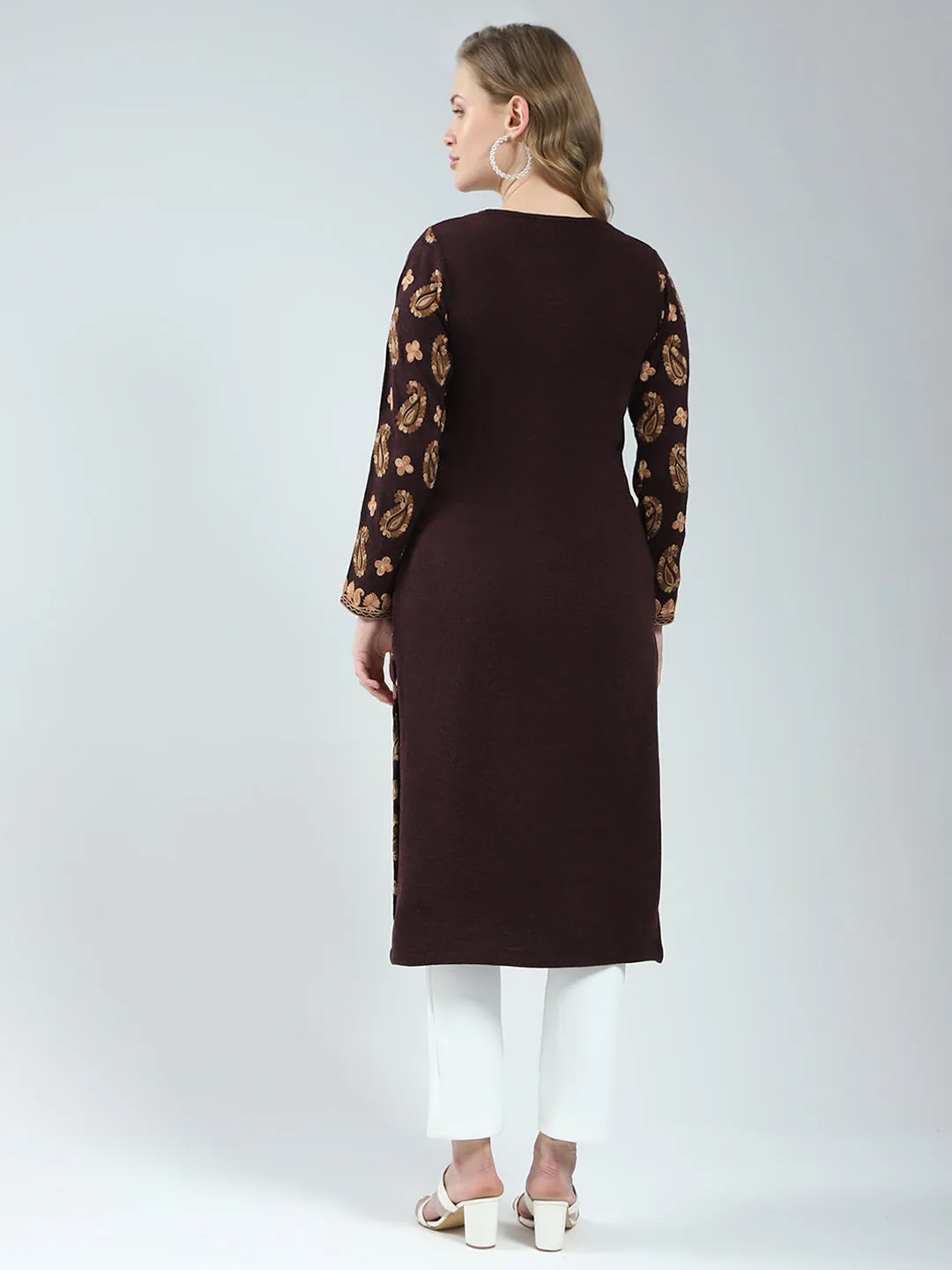 Women Maroon Printed V Neck Full Sleeve Winter Kurti sold by Monte Carlo product image thumbnail 5