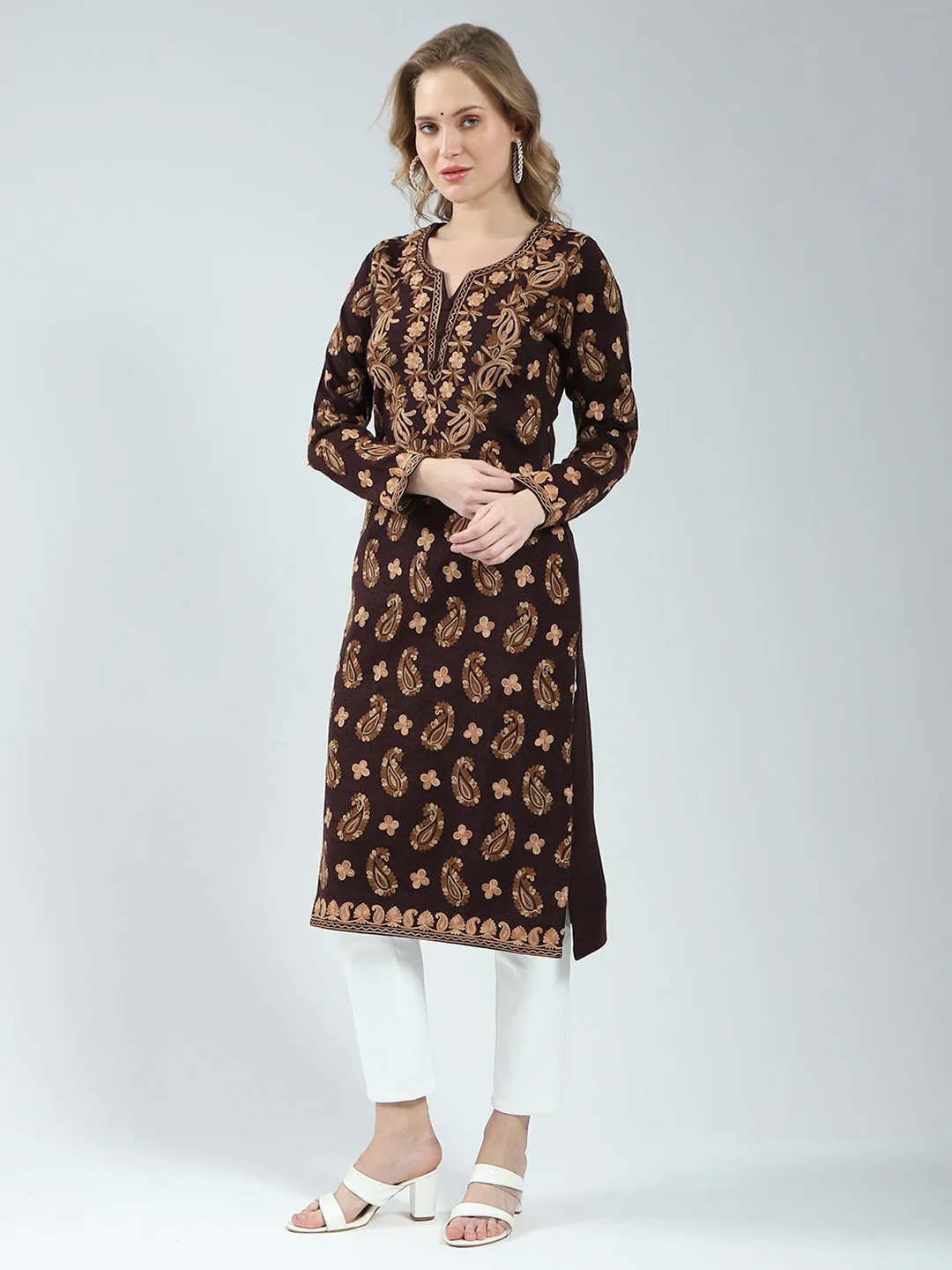 Women Maroon Printed V Neck Full Sleeve Winter Kurti sold by Monte Carlo product image thumbnail 3