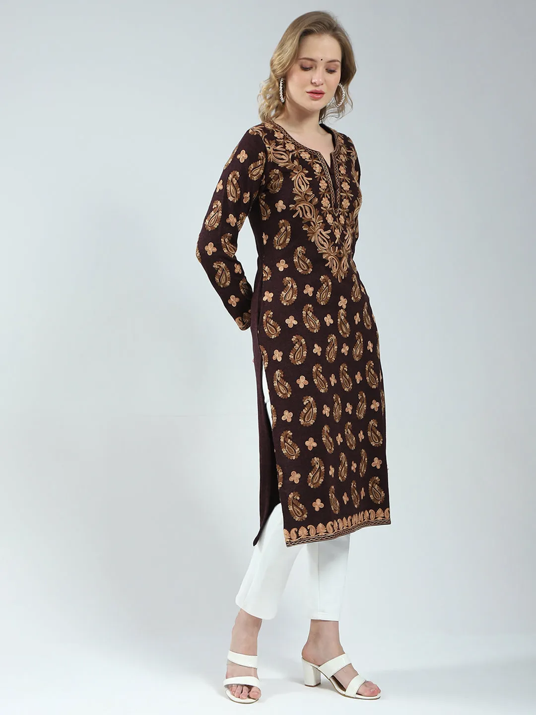 Women Maroon Printed V Neck Full Sleeve Winter Kurti sold by Monte Carlo product image thumbnail 4