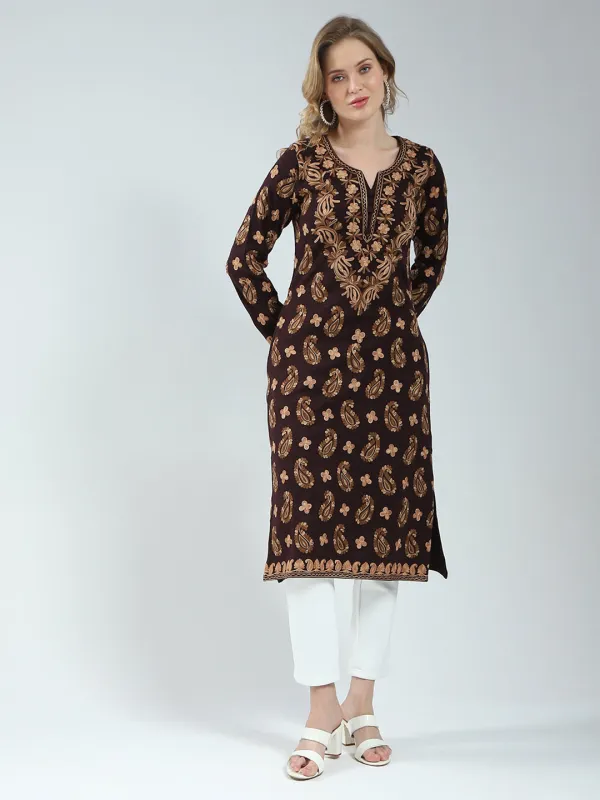 Women Maroon Printed V Neck Full Sleeve Winter Kurti sold by Monte Carlo