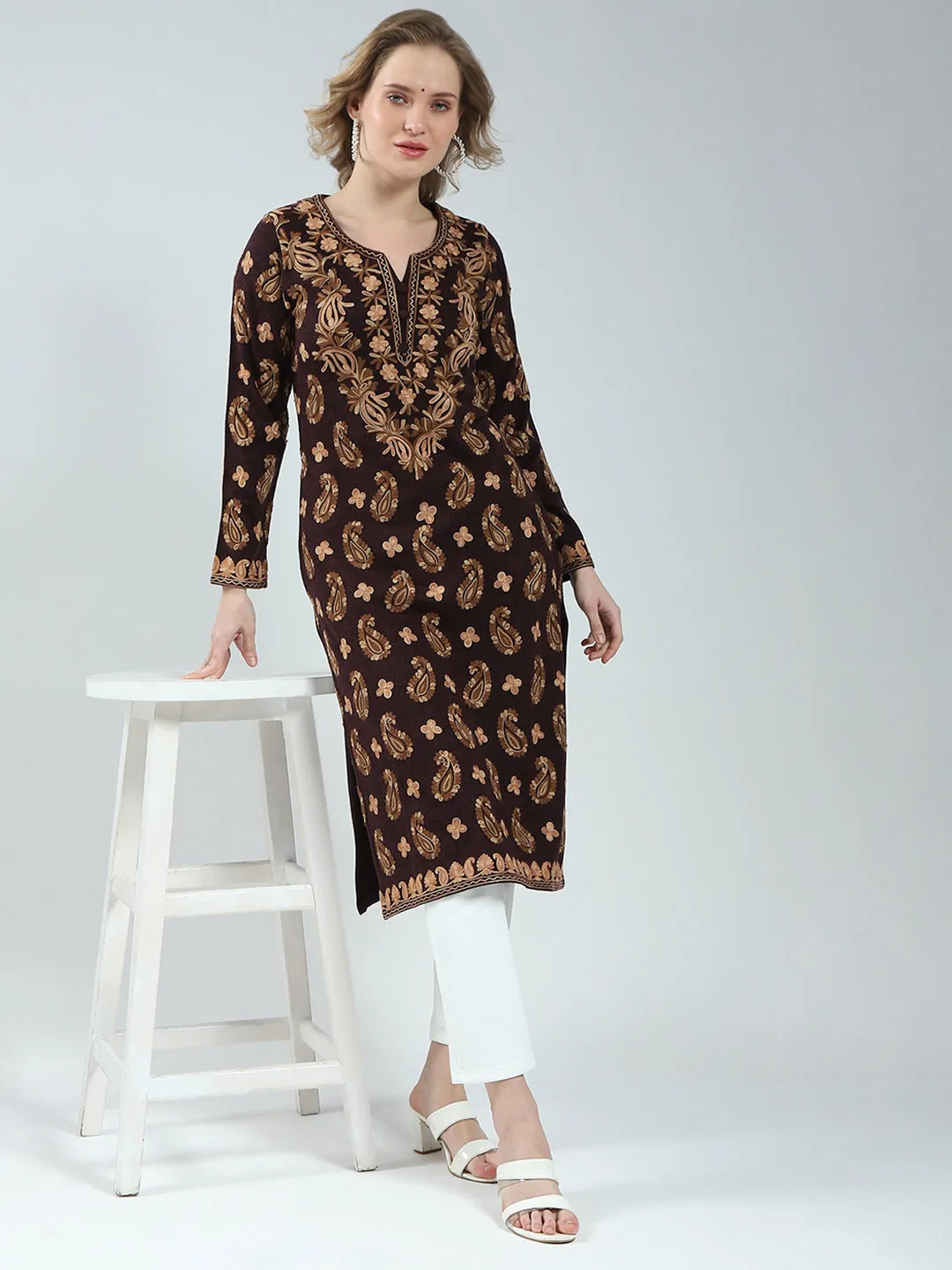 Women Maroon Printed V Neck Full Sleeve Winter Kurti sold by Monte Carlo product image thumbnail 2
