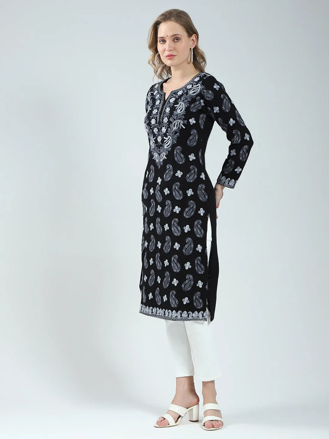 Women Black Printed V Neck Full Sleeve Winter Kurti sold by Monte Carlo product image thumbnail 3