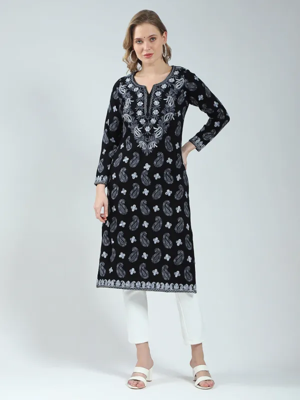 Women Black Printed V Neck Full Sleeve Winter Kurti sold by Monte Carlo