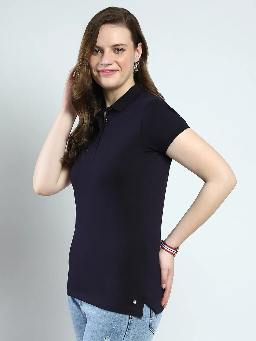 Women Navy Blue Solid Collar Half Sleeve T-Shirt sold by Monte Carlo product image thumbnail 3