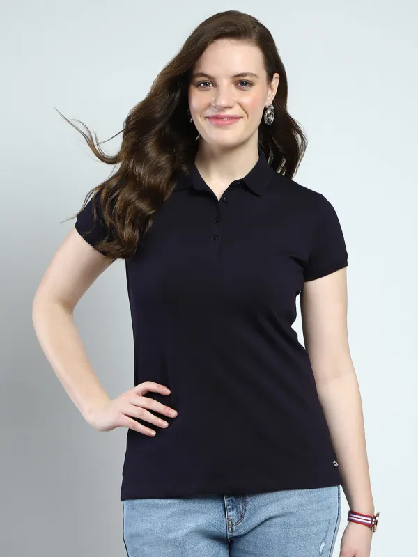 Women Navy Blue Solid Collar Half Sleeve T-Shirt sold by Monte Carlo