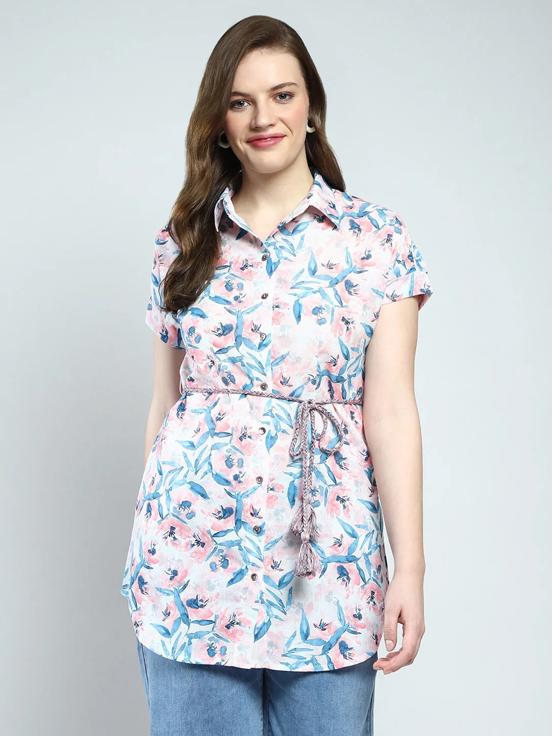 Women White Printed Collar Half Sleeve Tunic sold by Monte Carlo