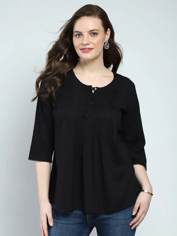 Women Black Self Design Round Neck 3/4th Sleeve Top sold by Monte Carlo