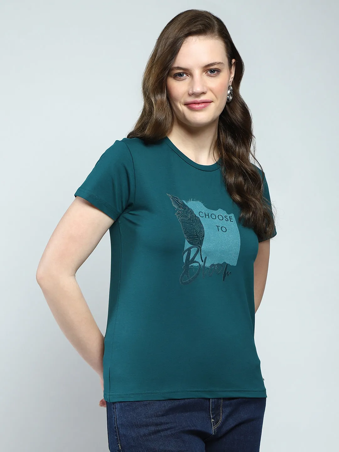 Women Green Printed Round Neck Half Sleeve Top sold by Monte Carlo product image thumbnail 4