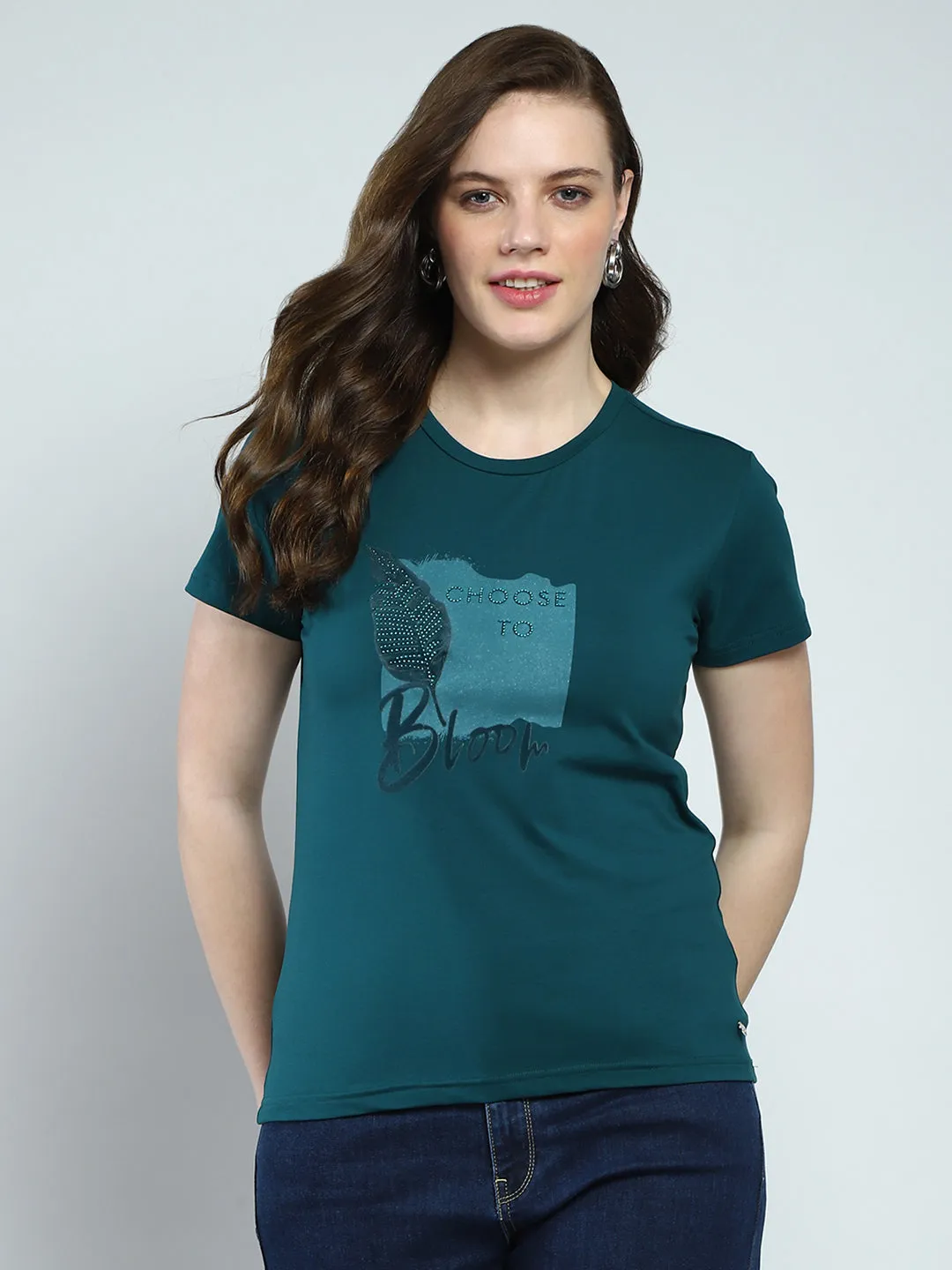 Women Green Printed Round Neck Half Sleeve Top sold by Monte Carlo