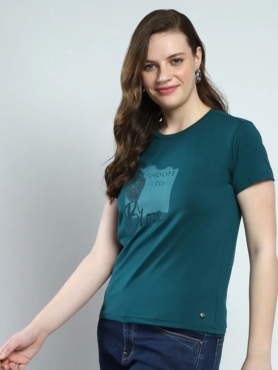 Women Green Printed Round Neck Half Sleeve Top sold by Monte Carlo product image thumbnail 3