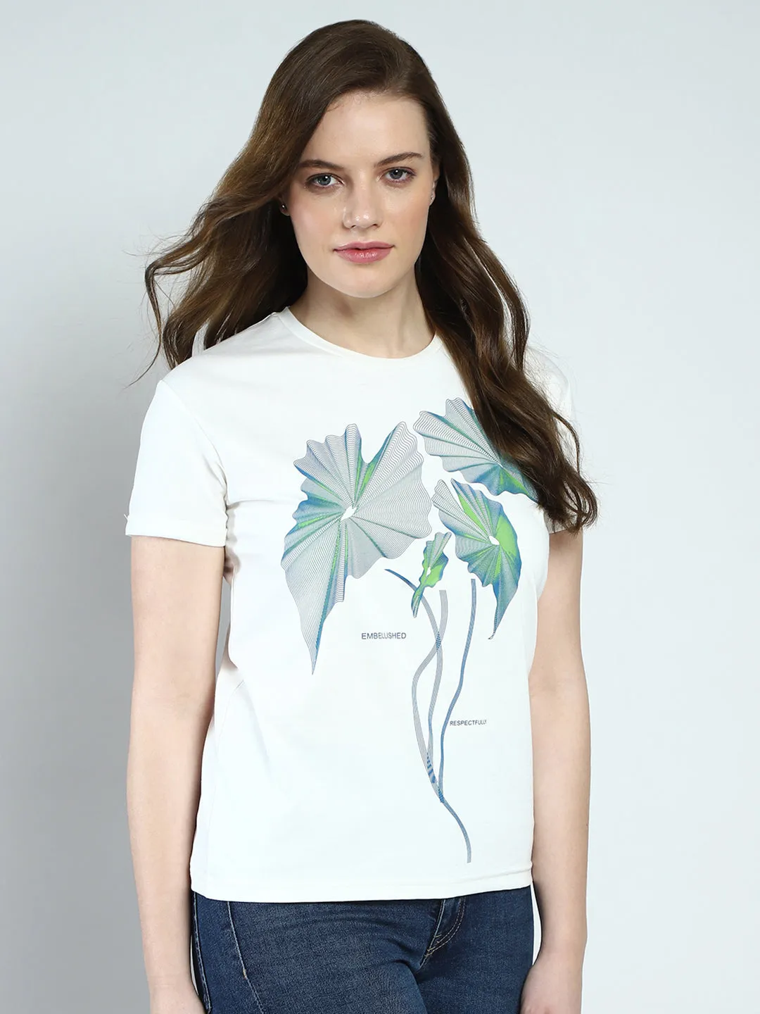 Women White Printed Round Neck Half Sleeve Top sold by Monte Carlo product image thumbnail 4