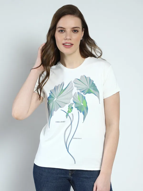 Women White Printed Round Neck Half Sleeve Top sold by Monte Carlo