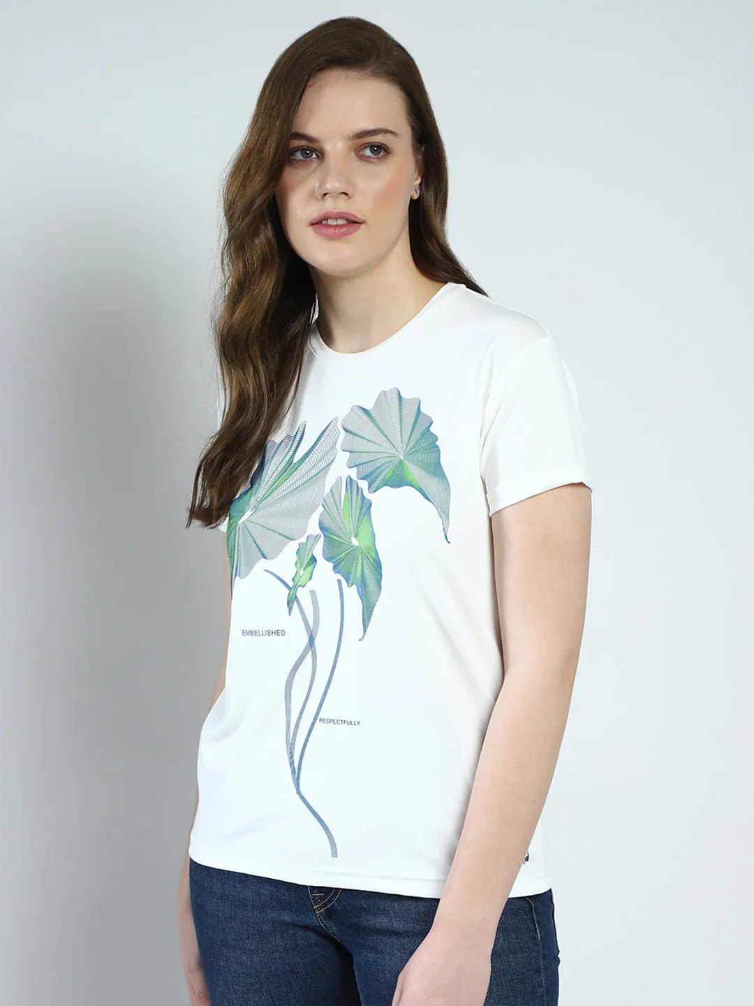Women White Printed Round Neck Half Sleeve Top sold by Monte Carlo product image thumbnail 3