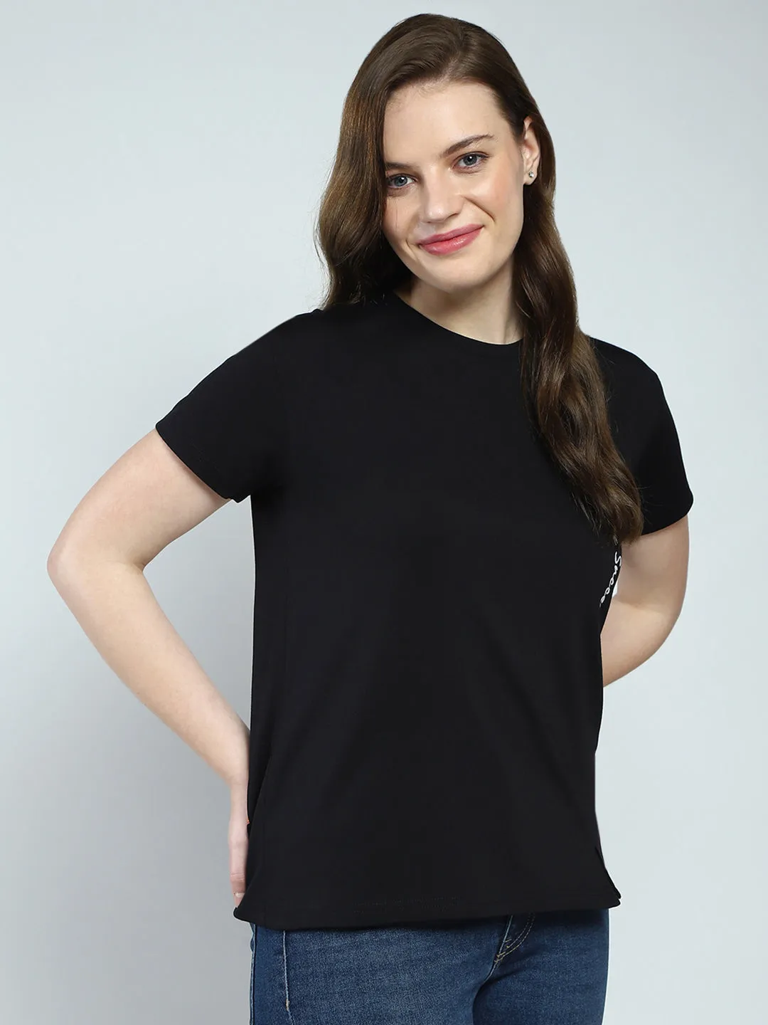 Women Black Printed Round Neck Half Sleeve Top sold by Monte Carlo product image thumbnail 4