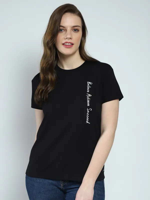 Women Black Printed Round Neck Half Sleeve Top sold by Monte Carlo