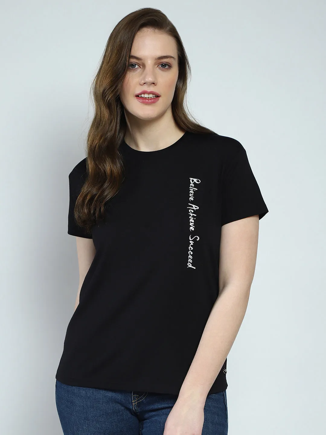 Women Black Printed Round Neck Half Sleeve Top sold by Monte Carlo