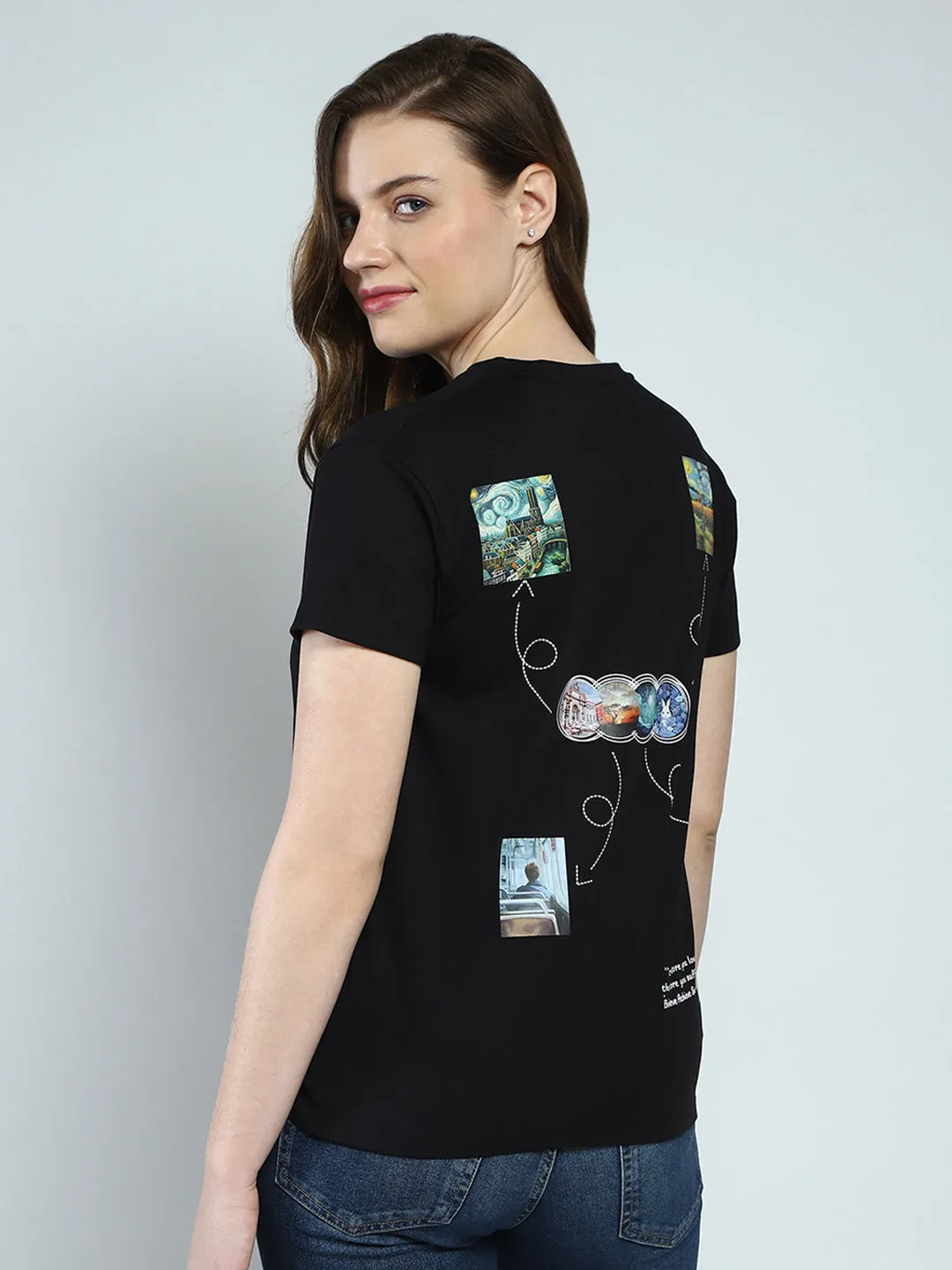 Women Black Printed Round Neck Half Sleeve Top sold by Monte Carlo product image thumbnail 5