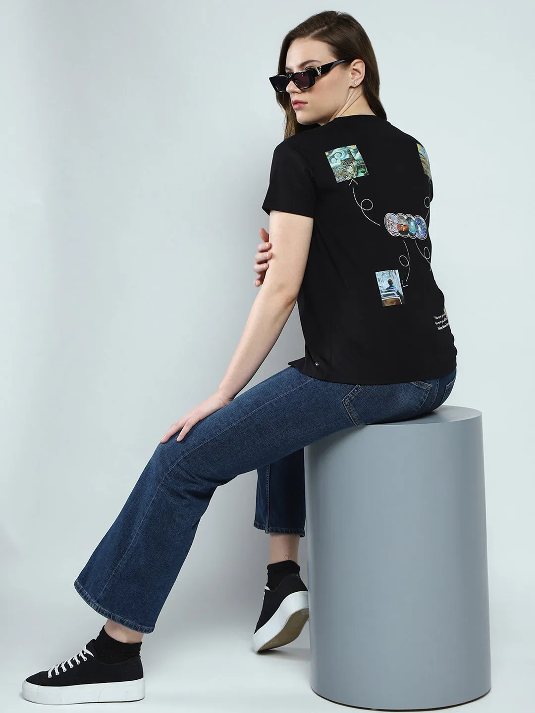 Women Black Printed Round Neck Half Sleeve Top sold by Monte Carlo product image thumbnail 2