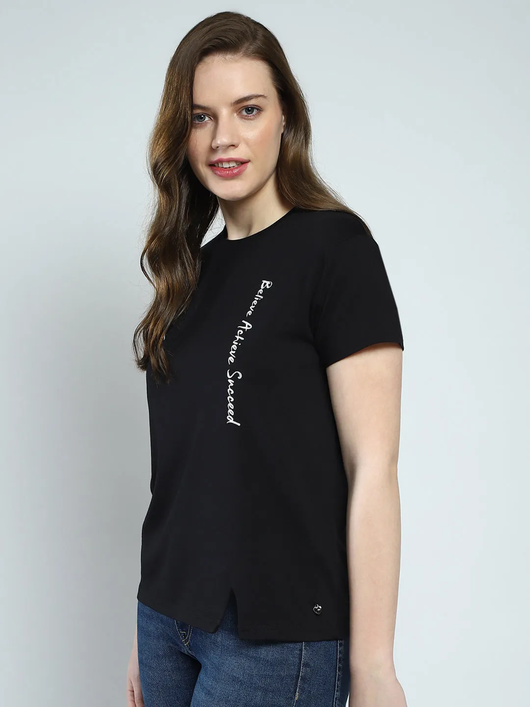 Women Black Printed Round Neck Half Sleeve Top sold by Monte Carlo product image thumbnail 3