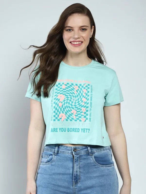 Women Green Printed Round Neck Half Sleeve Top sold by Monte Carlo