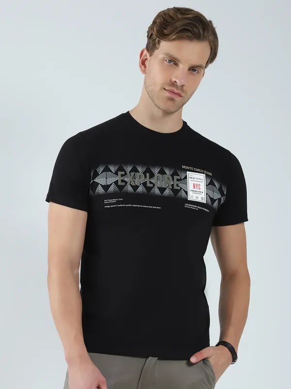 Men Black Printed Round Neck Half Sleeve T-Shirt made by Monte Carlo