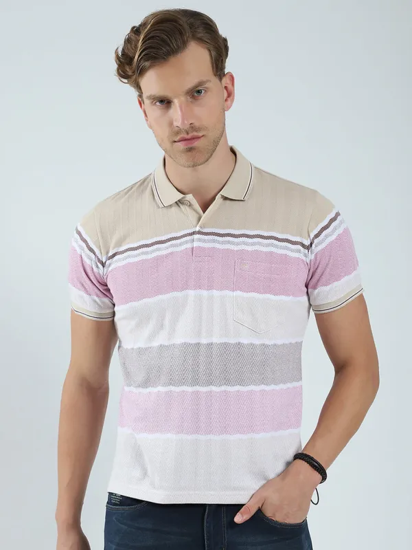 Men Beige Stripe Collar Half Sleeve T-Shirt sold by Monte Carlo