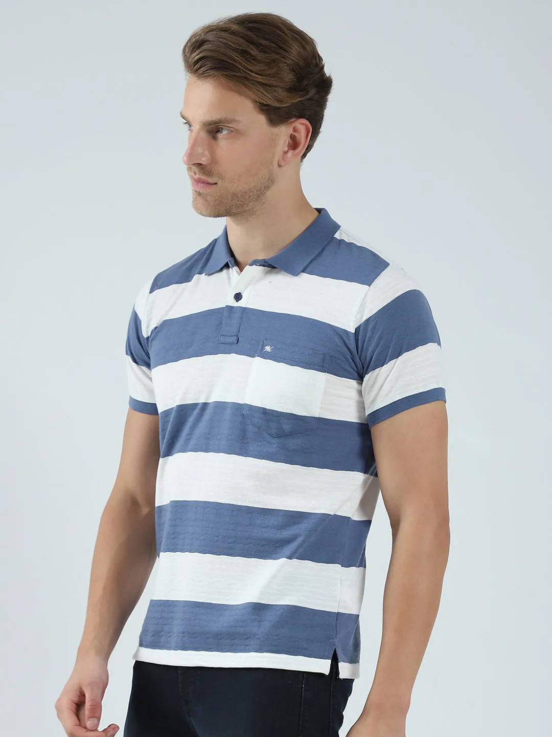 Men Blue Stripe Collar Half Sleeve T-Shirt sold by Monte Carlo product image thumbnail 3