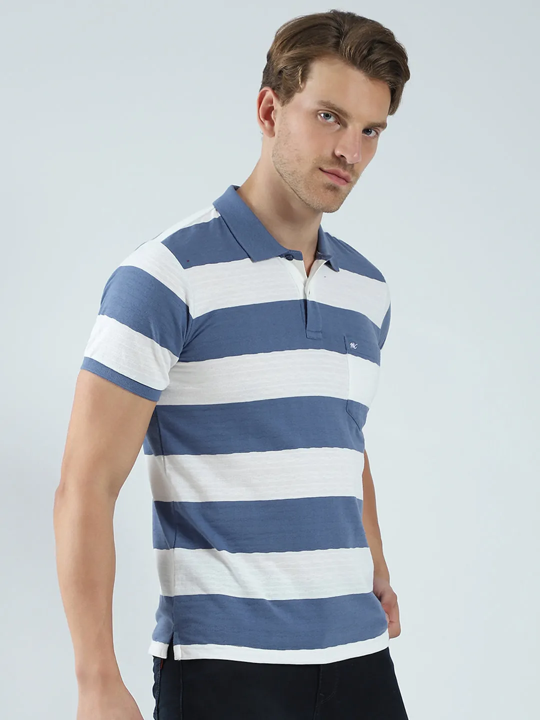 Men Blue Stripe Collar Half Sleeve T-Shirt sold by Monte Carlo product image thumbnail 4