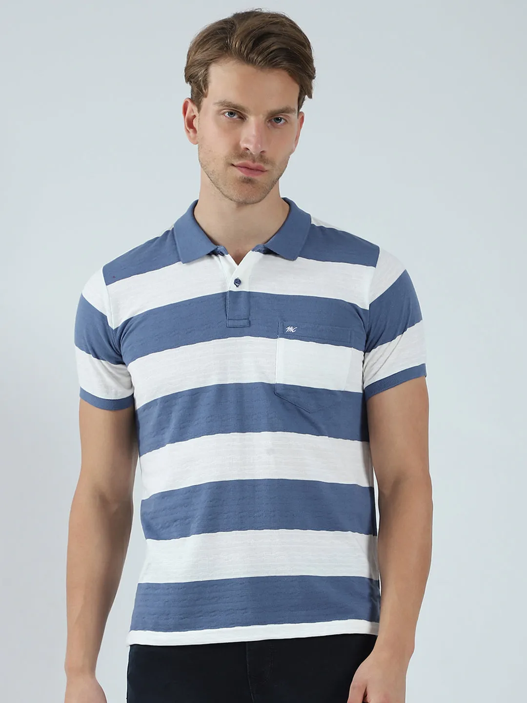 Men Blue Stripe Collar Half Sleeve T-Shirt sold by Monte Carlo