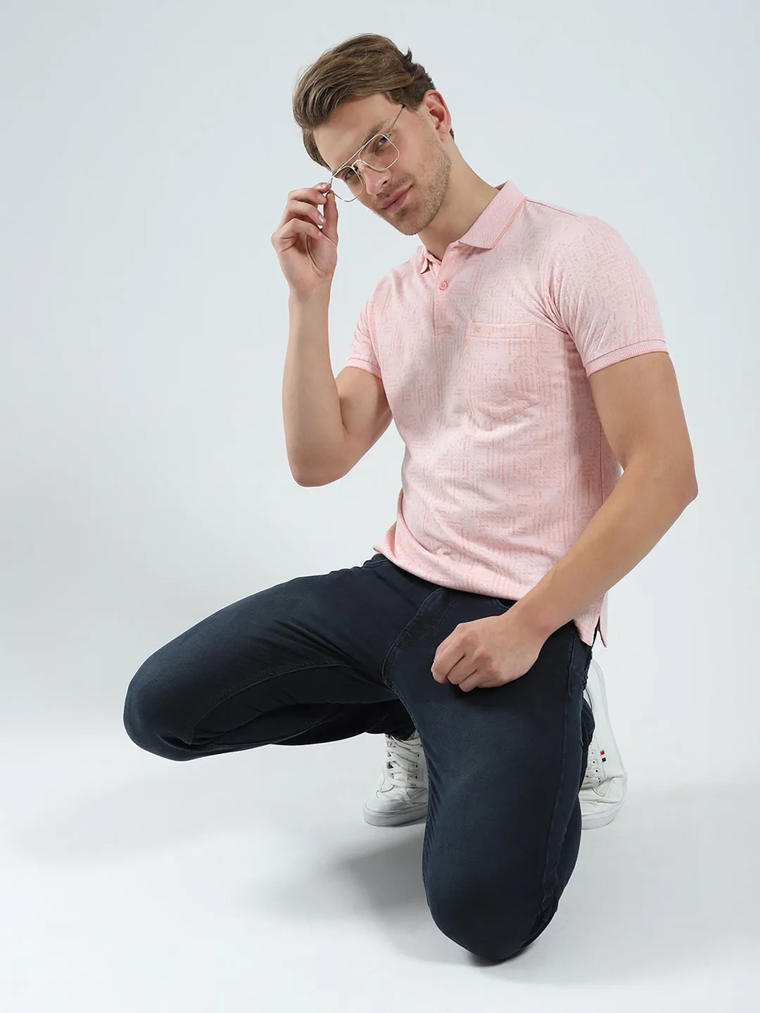 Men Peach Self Design Collar Half Sleeve T-Shirt sold by Monte Carlo product image thumbnail 2