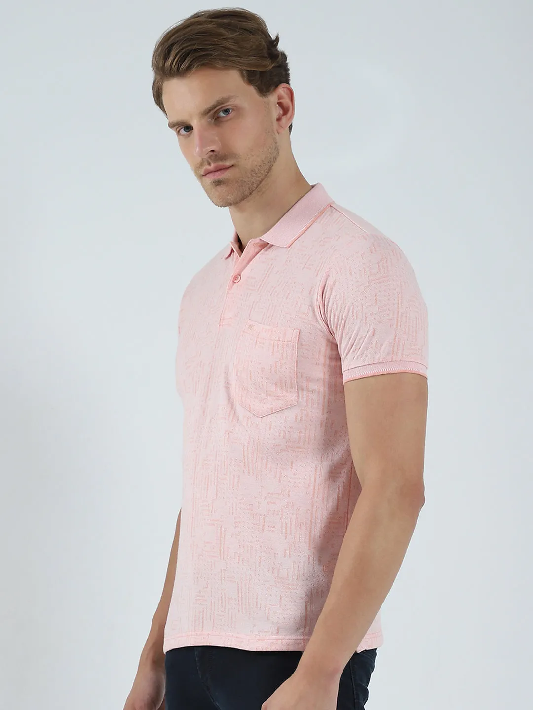 Men Peach Self Design Collar Half Sleeve T-Shirt sold by Monte Carlo product image thumbnail 3