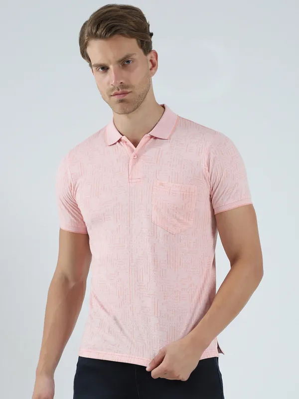 Men Peach Self Design Collar Half Sleeve T-Shirt made by Monte Carlo
